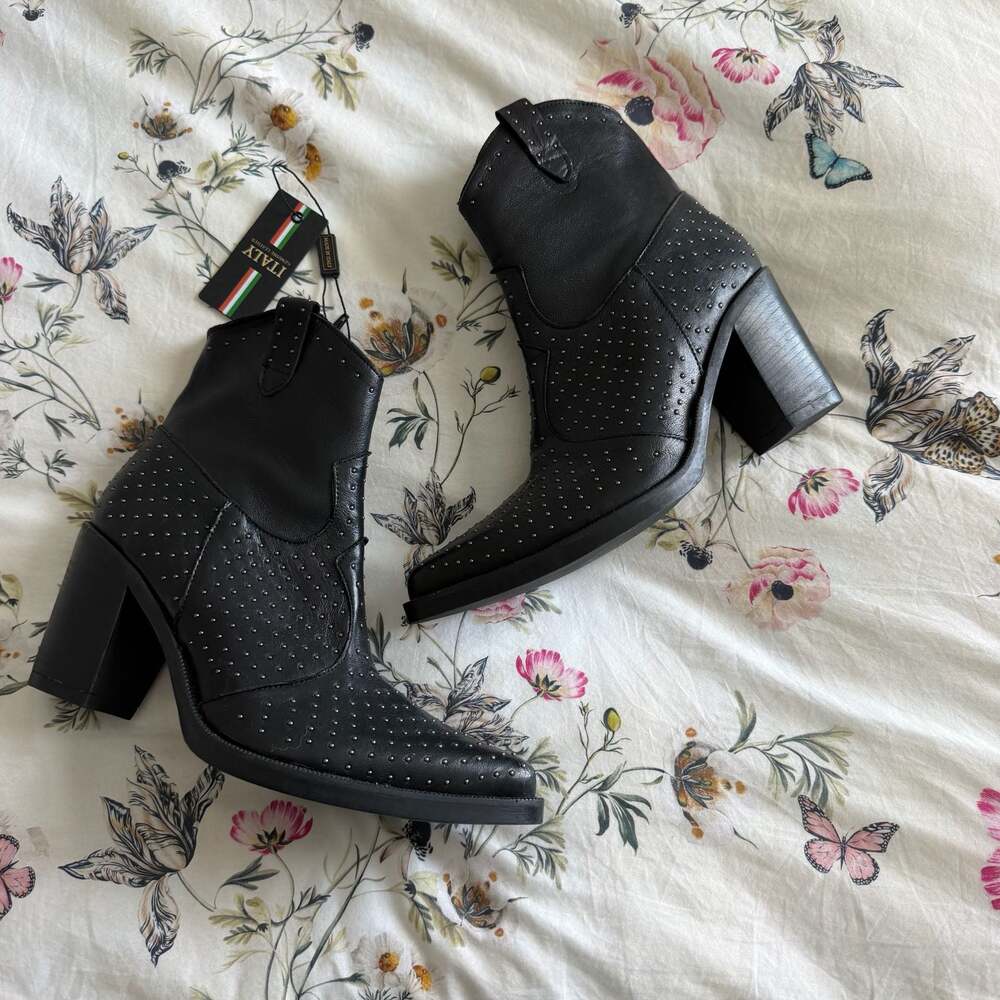 Emanuele Crasto Black Leather Studded Western Ankle Boots